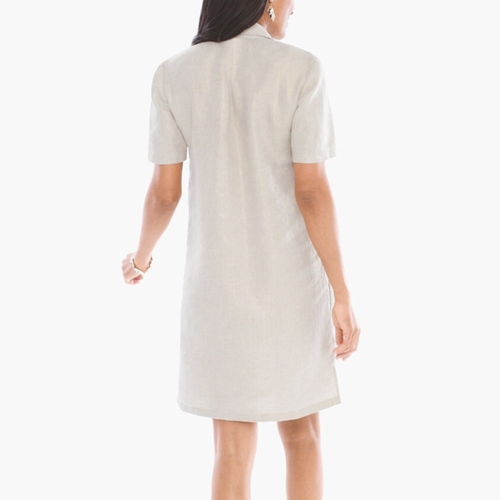 Chicos Oatmeal Foiled Waxed Metallic Linen Lace Up Shift Dress 1.5 - Picture 2 of 9
